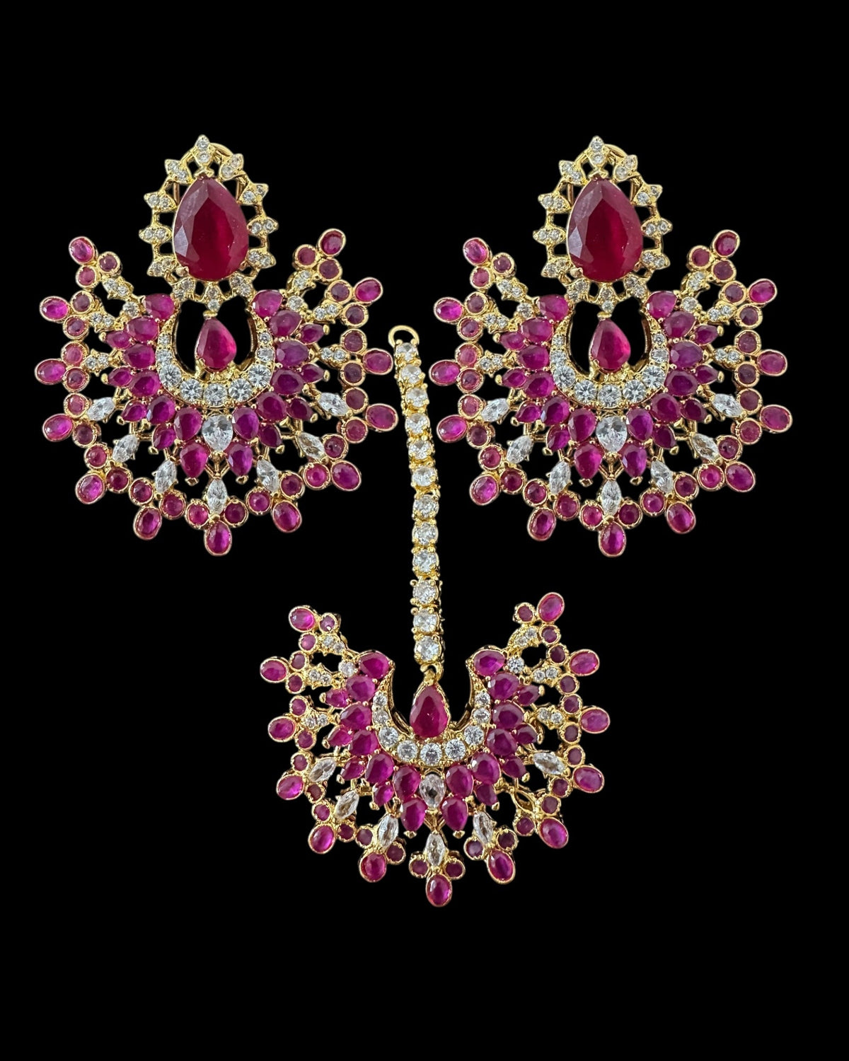 Subhana Gold-Plated Chandbali Earrings and Tika Set – Ruby