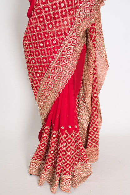 Eva Red & Gold Georgette Festive Saree — close view of the pleats and lower border