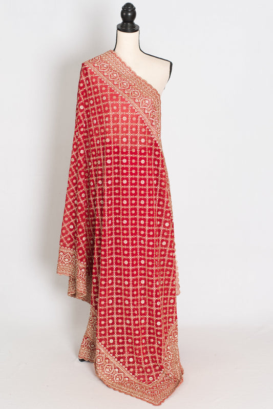 Eva Red & Gold Georgette Festive Saree — draped on a mannequin, back view