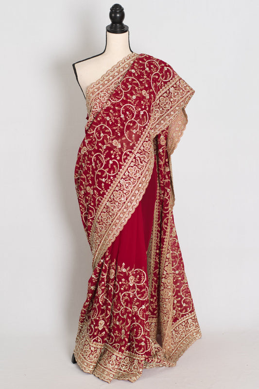 Maroon and Gold Georgette Festive Saree