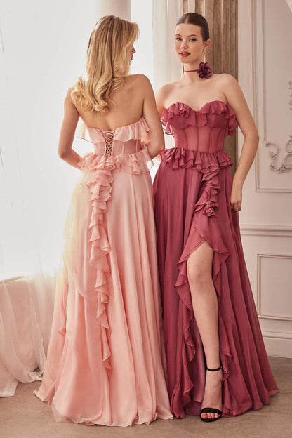 Andrea & Leo Long Strapless Chiffon Ruffle A-Line Dress — photo 9