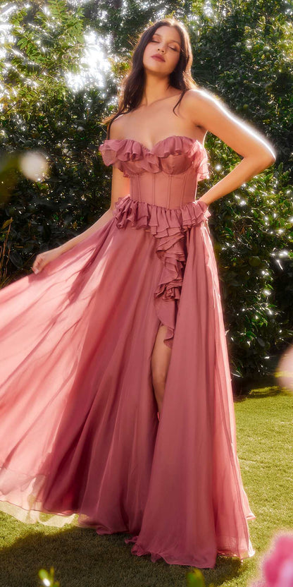 Andrea & Leo Long Strapless Chiffon Ruffle A-Line Dress — photo 6