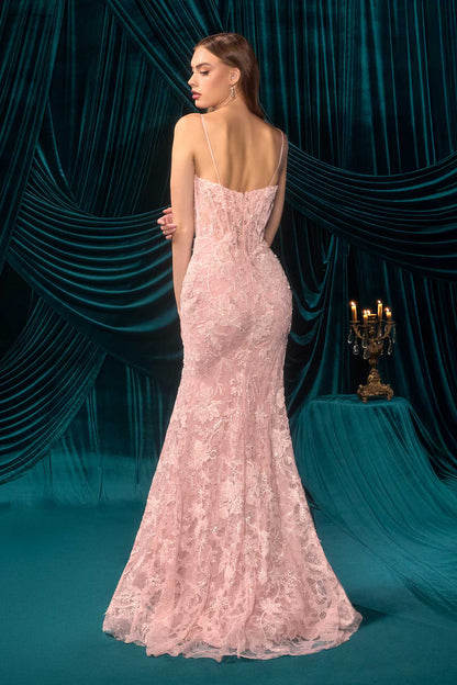 Andrea & Leo Ethereal Floral Lace Thigh High Slit Fitted Lace Gown — photo 10