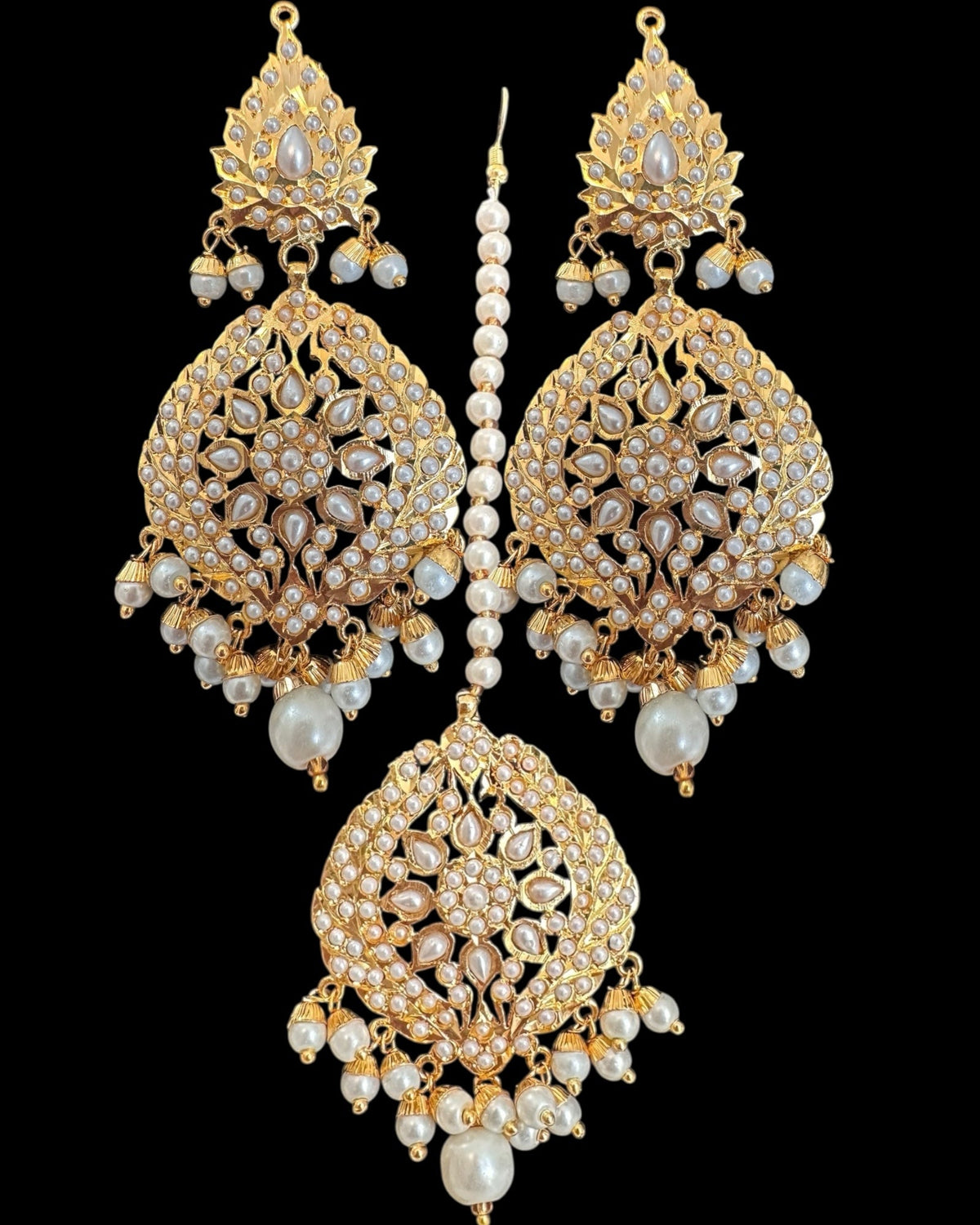 Megha Jadau Earrings and Tika Set in Pearl