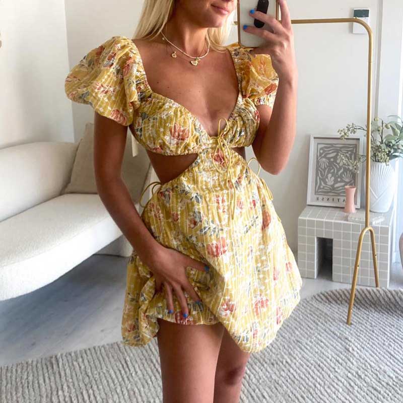 Yellow Floral Embroidered Mini Summer Dress