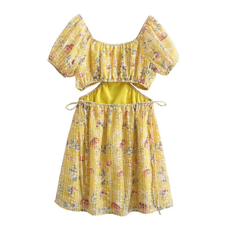 Yellow Floral Embroidered Mini Summer Dress