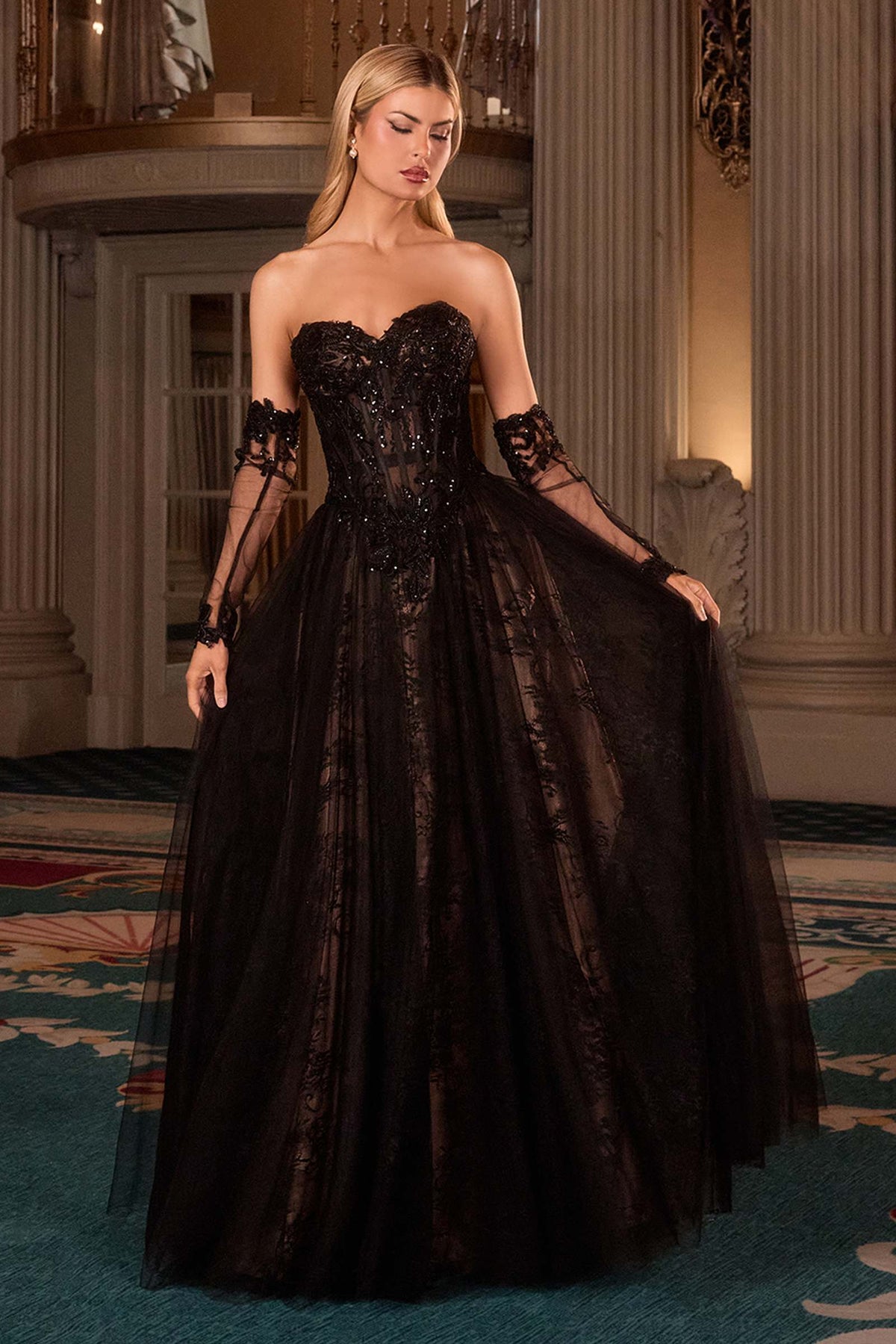 Ladivine Strapless A-Line Gown Lace Applique Tulle Skirt — photo 3