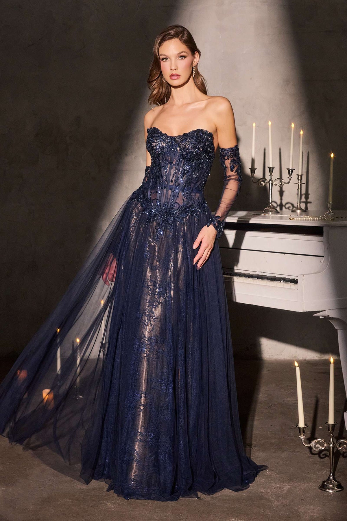 Ladivine Strapless A-Line Gown Lace Applique Tulle Skirt — photo 7