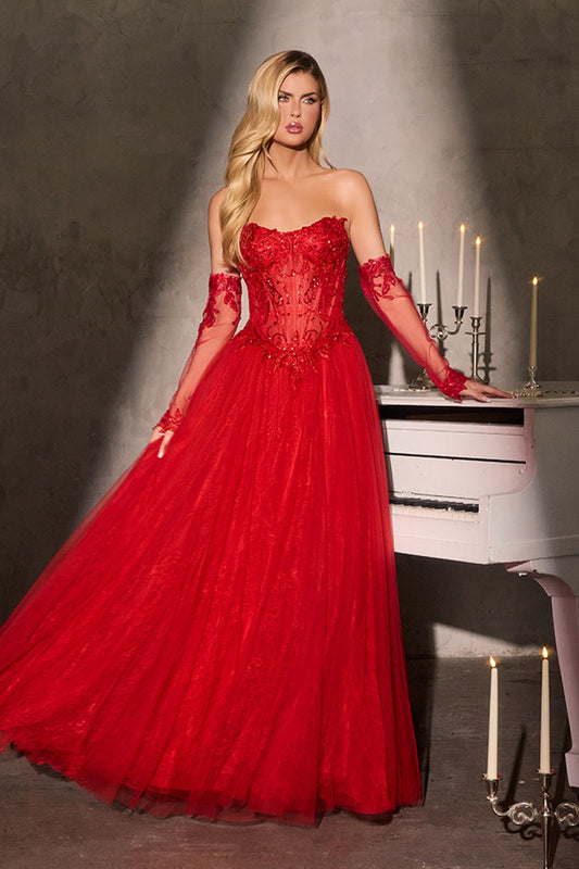 Ladivine Strapless A-Line Gown Lace Applique Tulle Skirt — photo 1