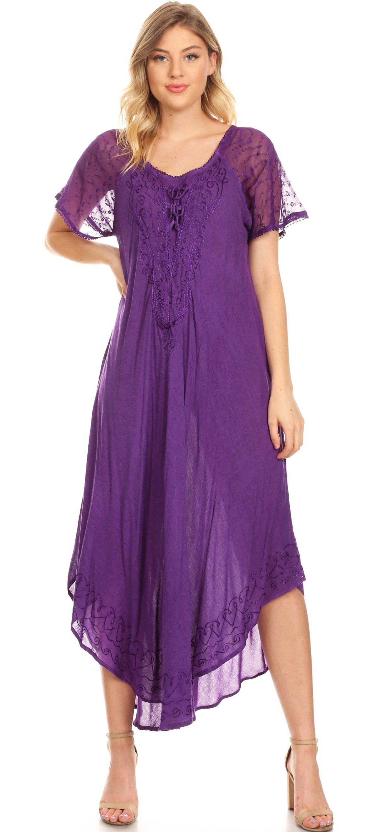 Sakkas Egan Women's Long Embroidered Caftan Dress / Cover Up With Embroidered Cap Sleeves