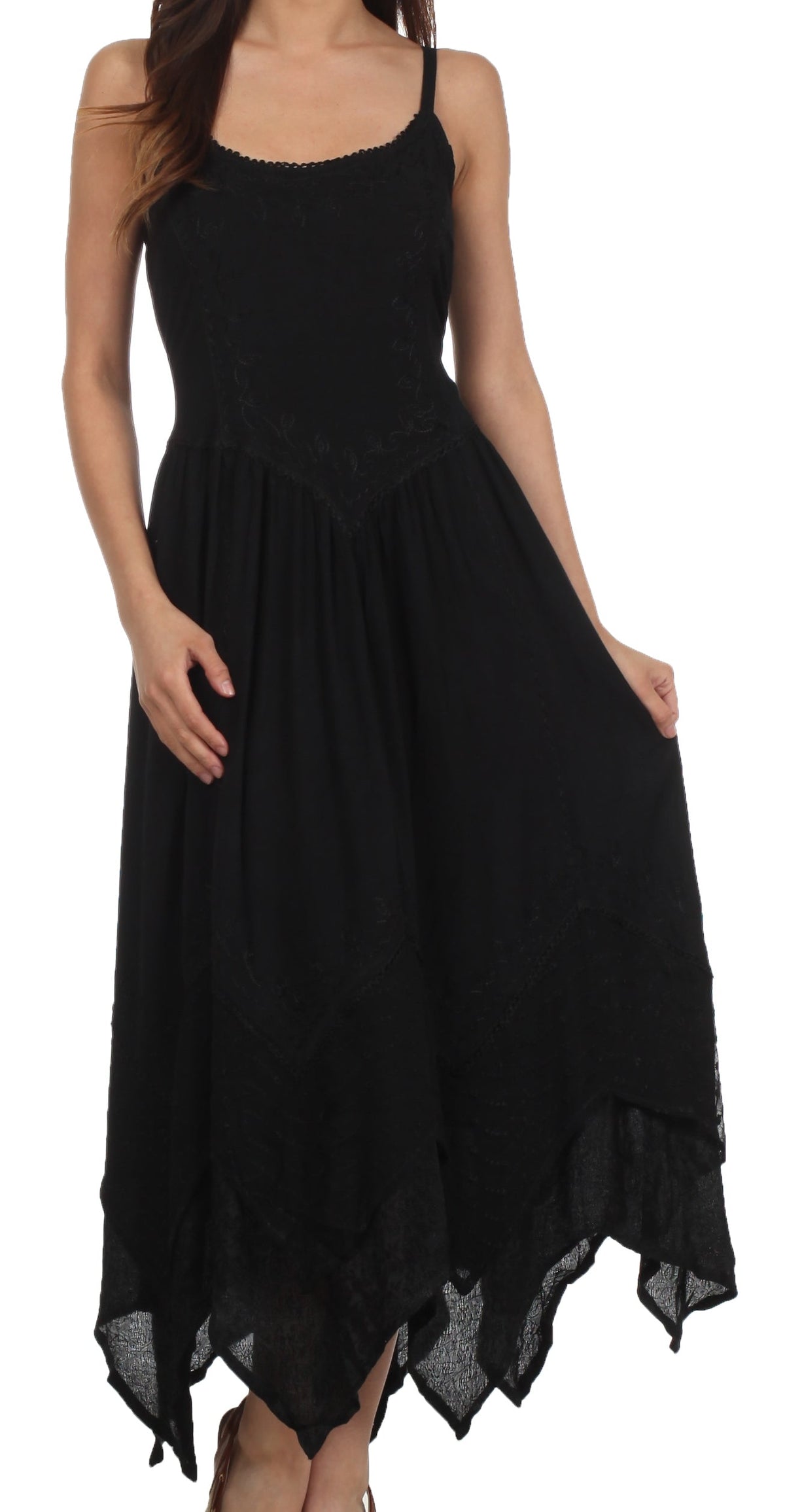 Embroidered Stonewashed Spaghetti Strap Long Dress