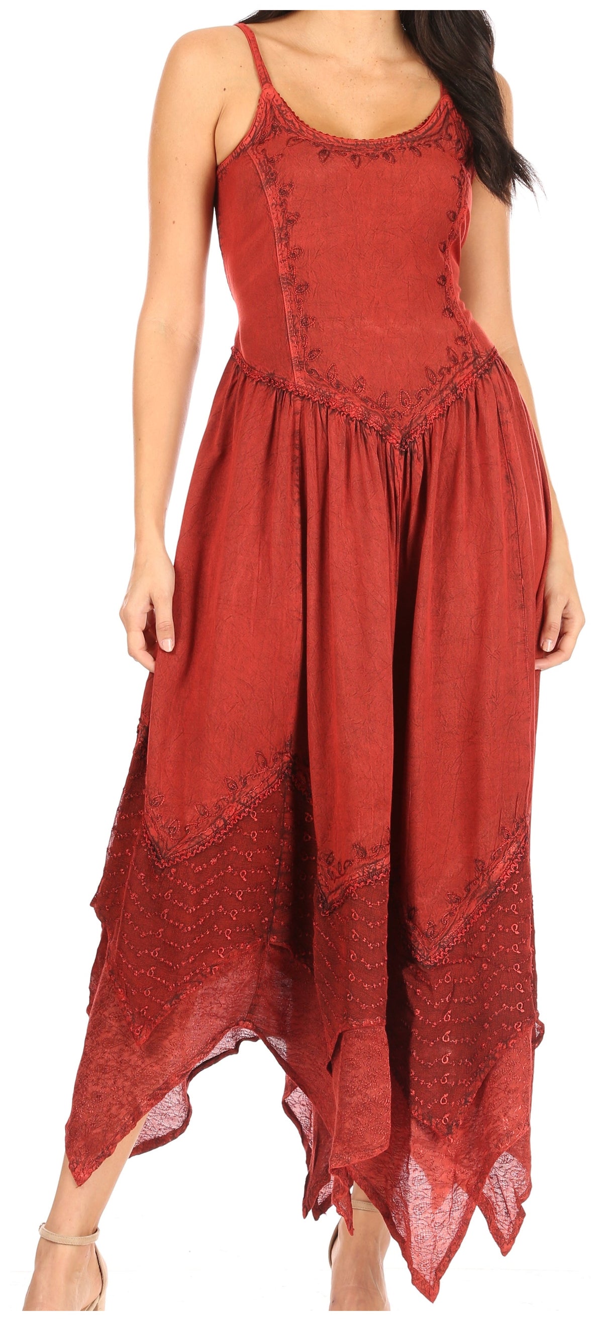 Embroidered Stonewashed Spaghetti Strap Long Dress