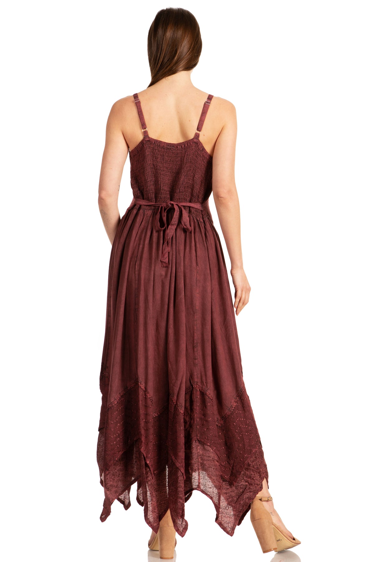 Embroidered Stonewashed Spaghetti Strap Long Dress