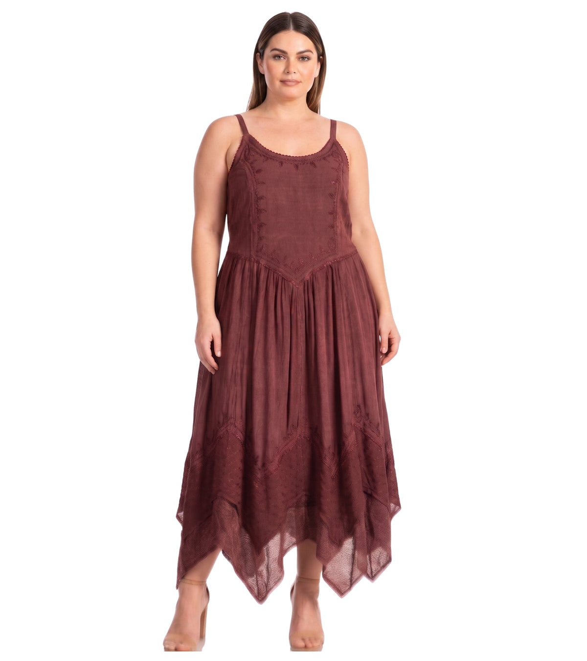 Embroidered Stonewashed Spaghetti Strap Long Dress