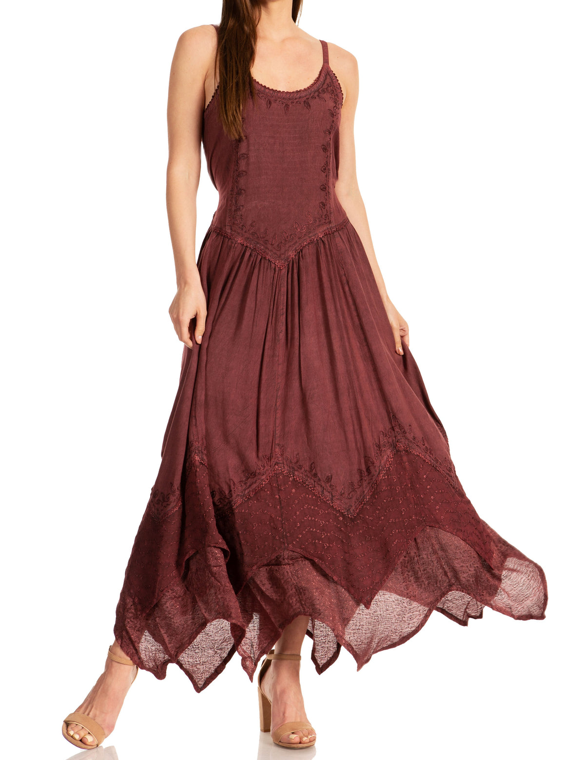 Embroidered Stonewashed Spaghetti Strap Long Dress