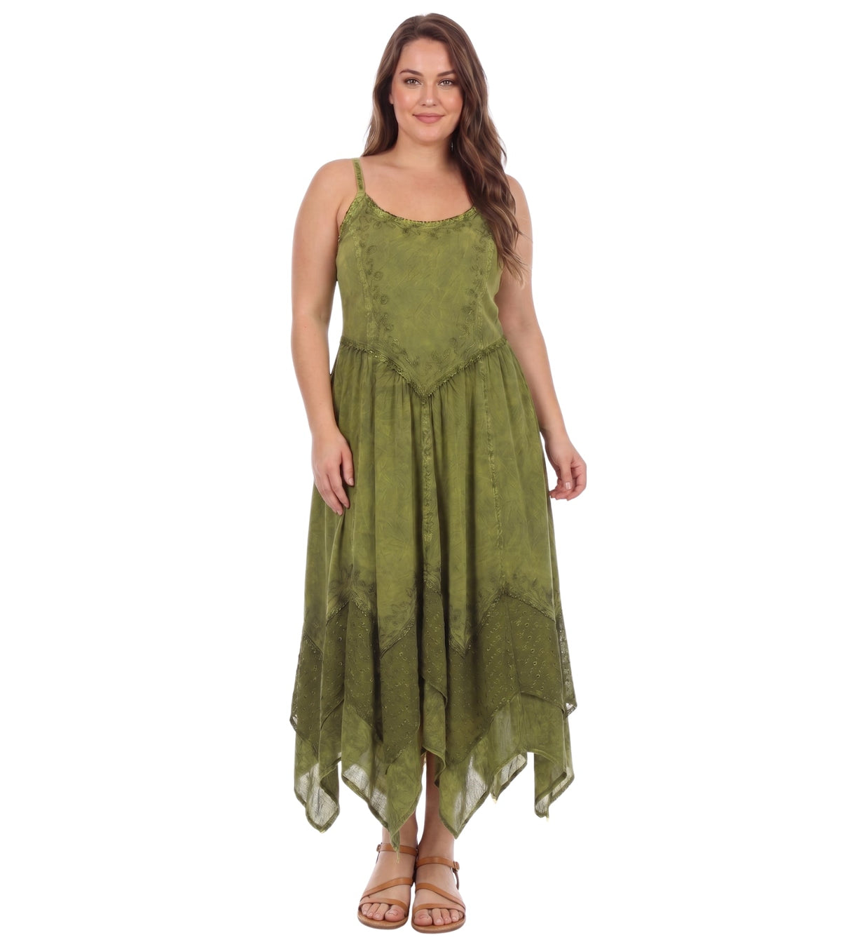 Embroidered Stonewashed Spaghetti Strap Long Dress