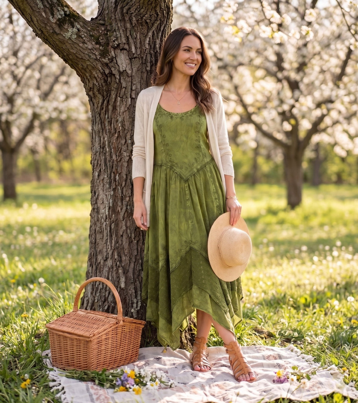 Embroidered Stonewashed Spaghetti Strap Long Dress