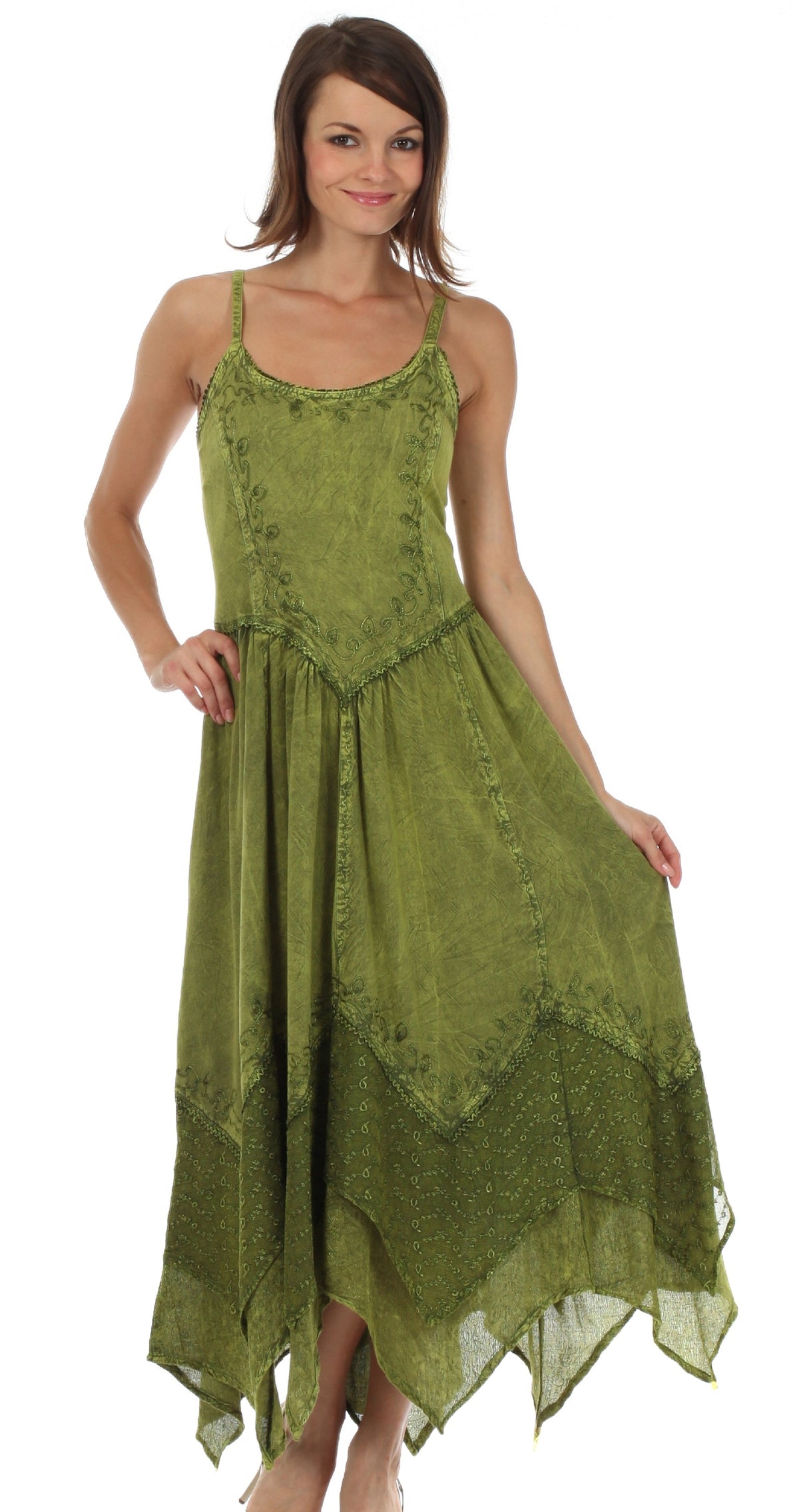 Embroidered Stonewashed Spaghetti Strap Long Dress