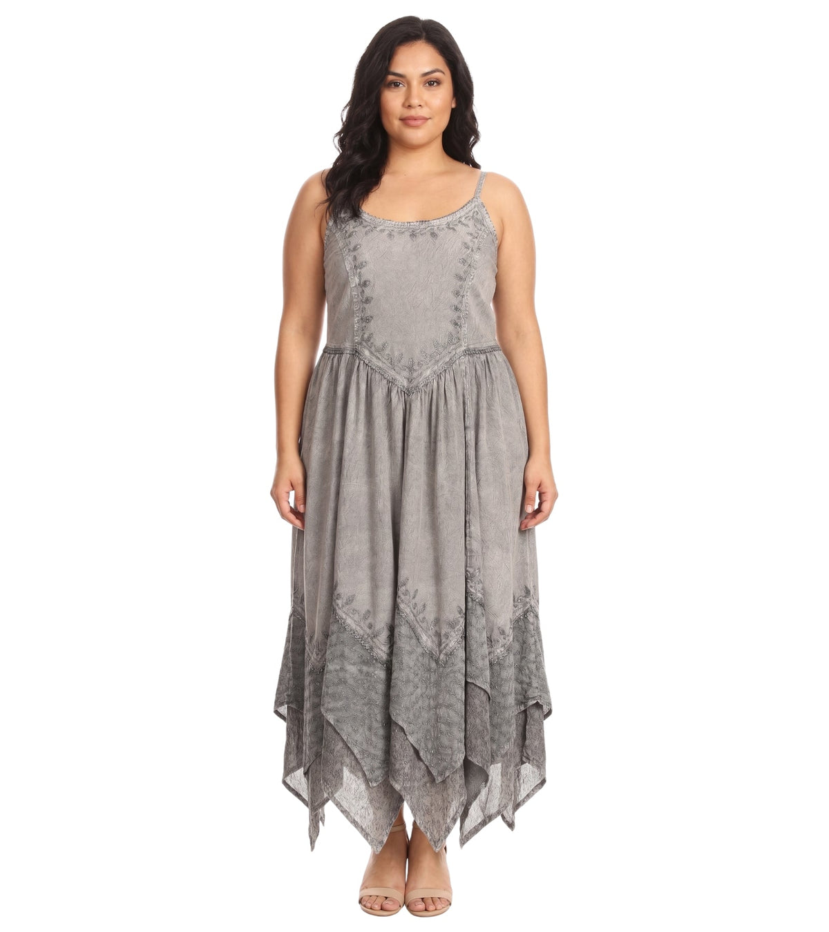 Embroidered Stonewashed Spaghetti Strap Long Dress