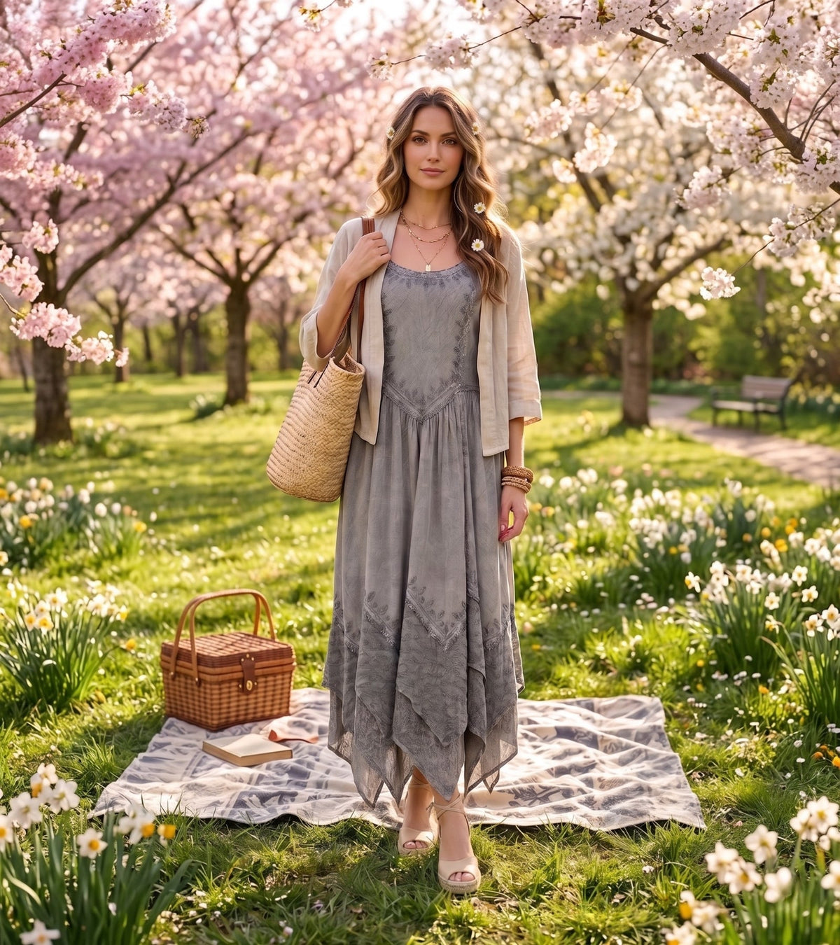 Embroidered Stonewashed Spaghetti Strap Long Dress