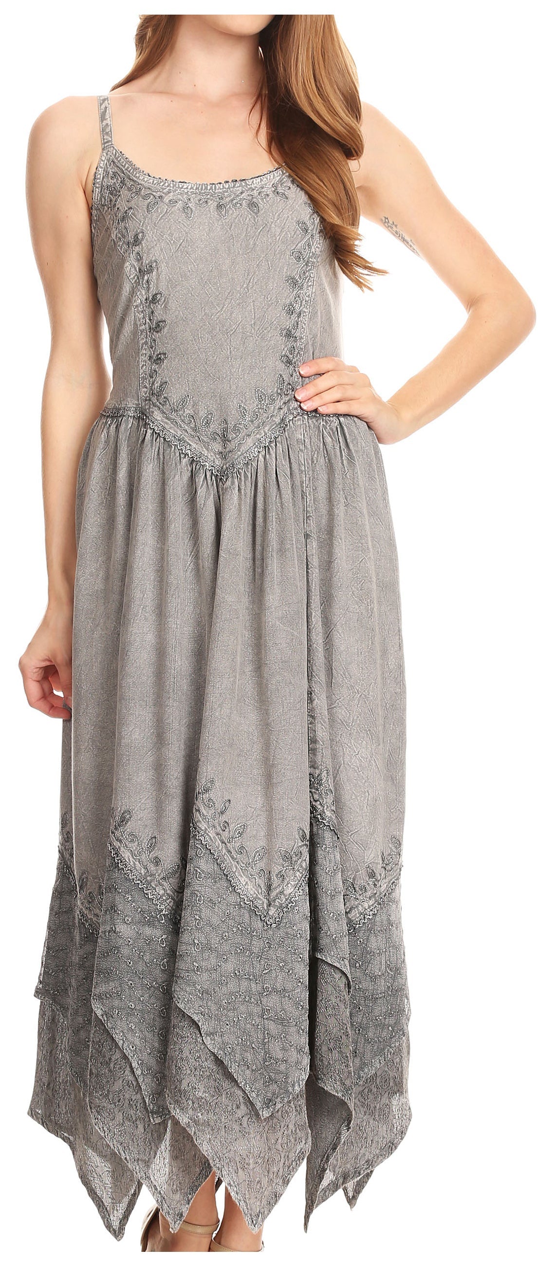 Embroidered Stonewashed Spaghetti Strap Long Dress