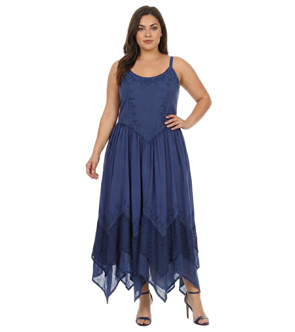 Embroidered Stonewashed Spaghetti Strap Long Dress