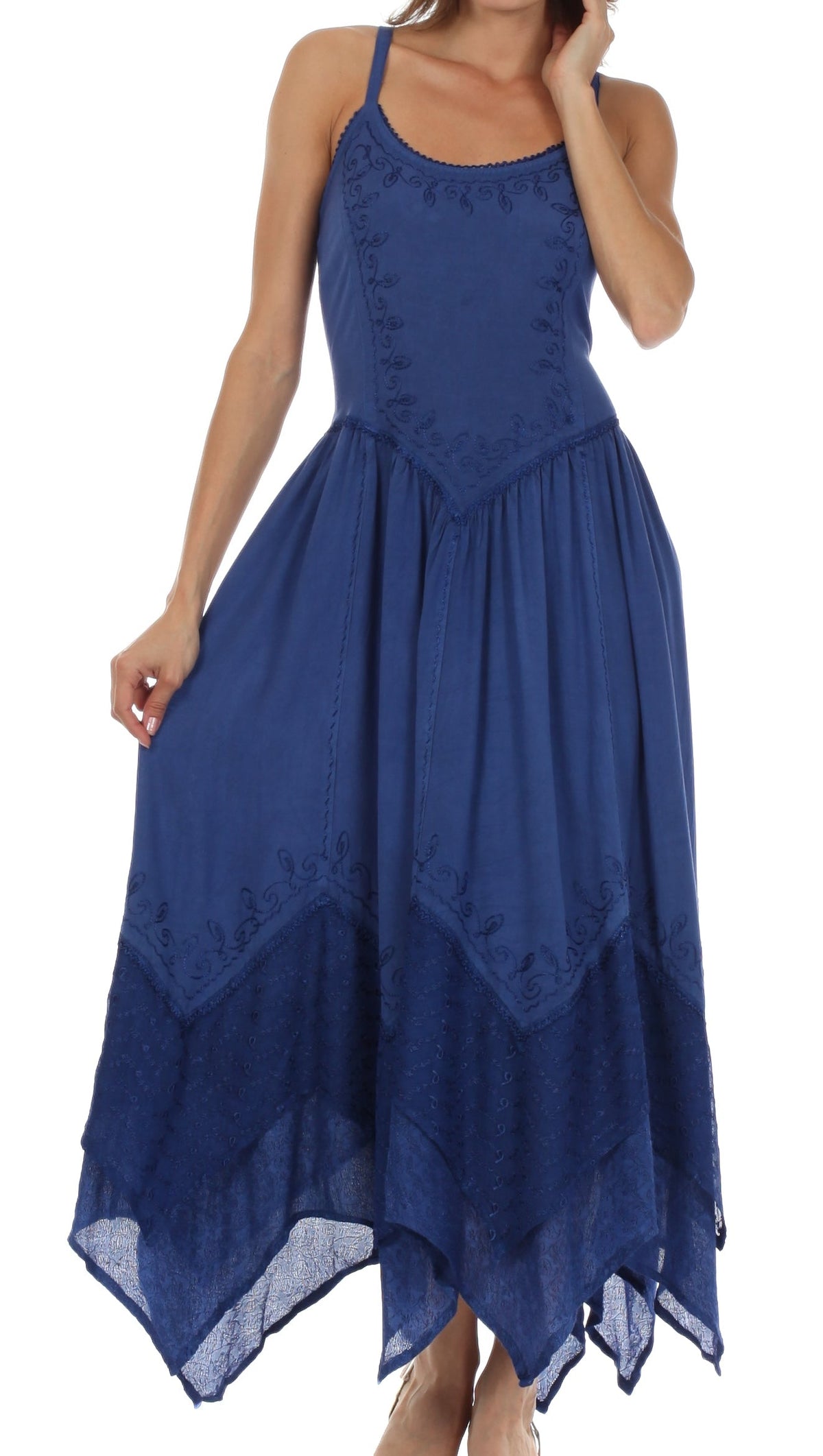 Embroidered Stonewashed Spaghetti Strap Long Dress