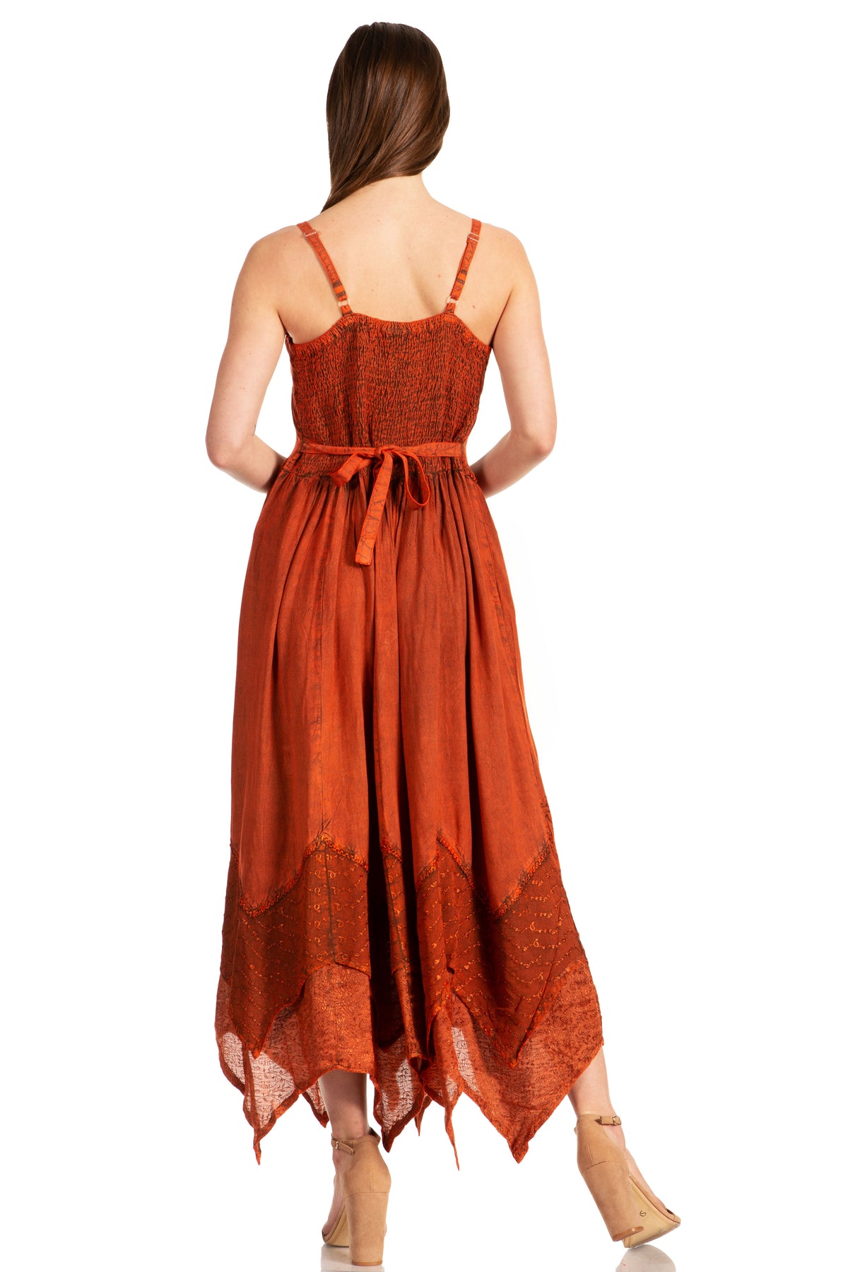 Embroidered Stonewashed Spaghetti Strap Long Dress