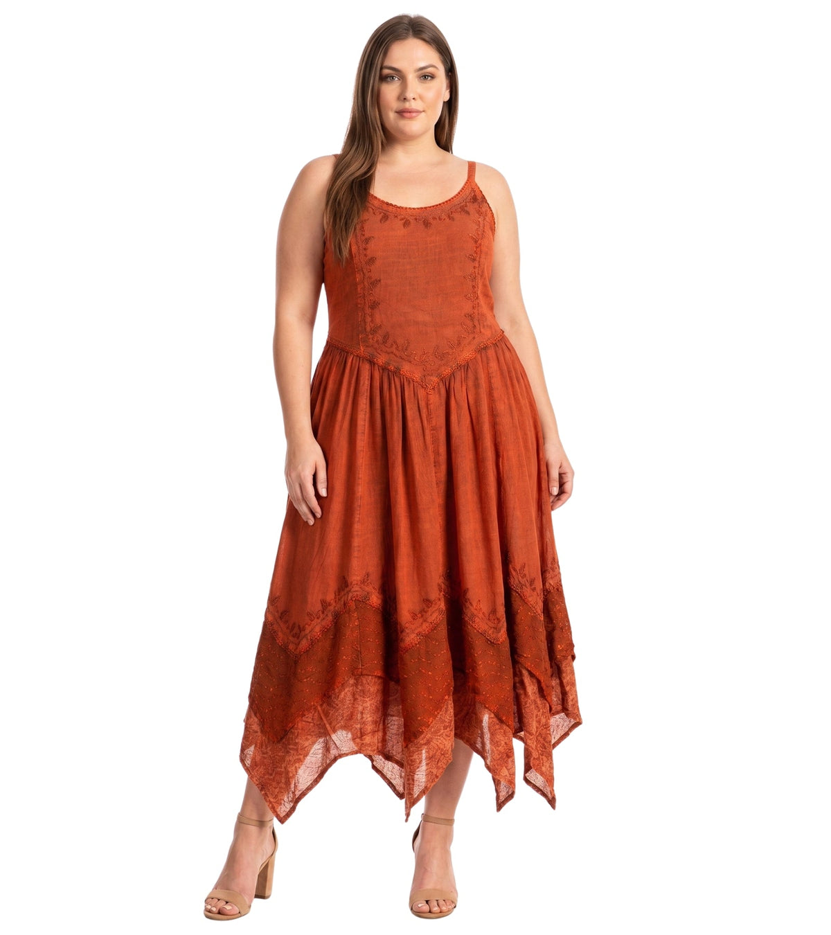 Embroidered Stonewashed Spaghetti Strap Long Dress