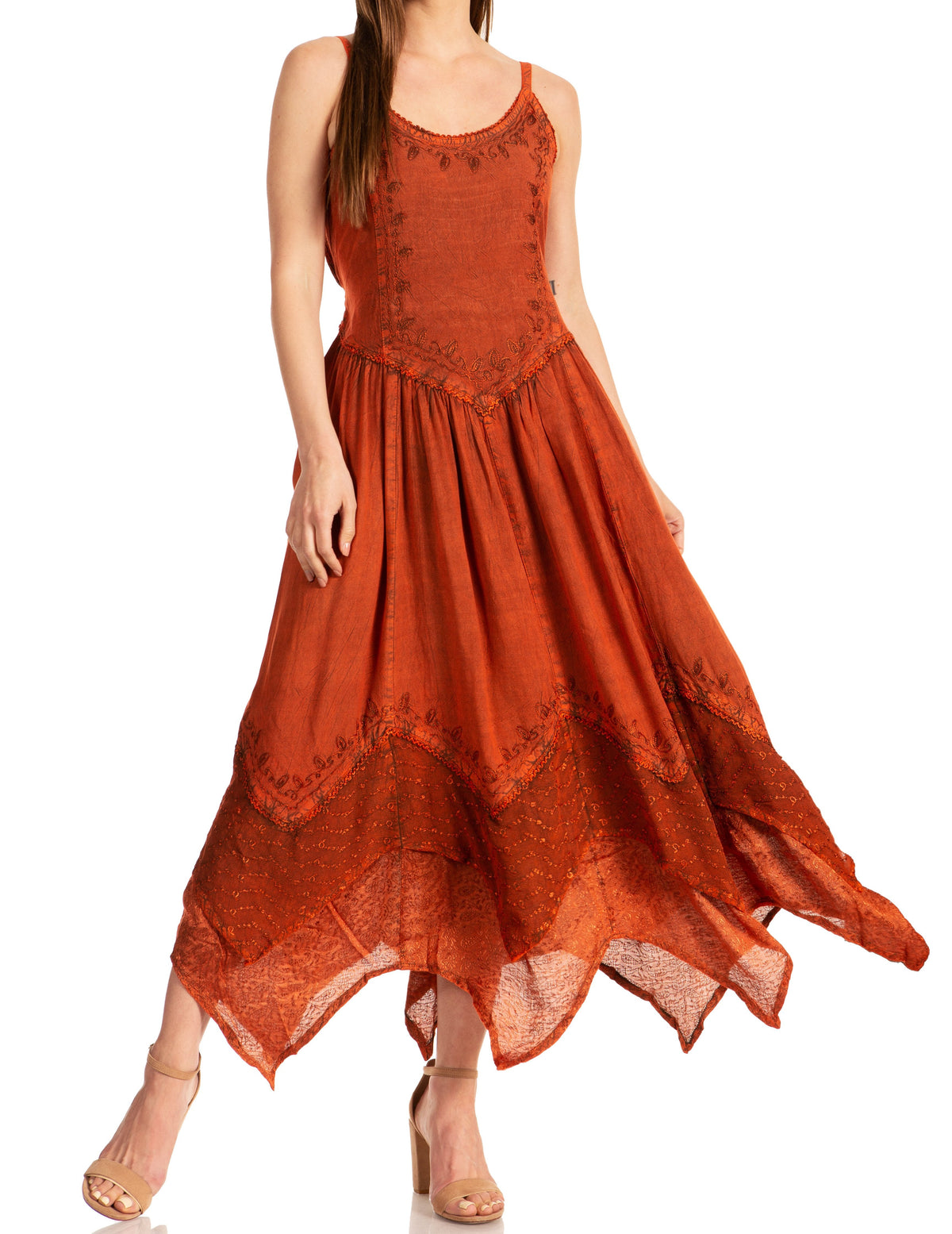 Embroidered Stonewashed Spaghetti Strap Long Dress