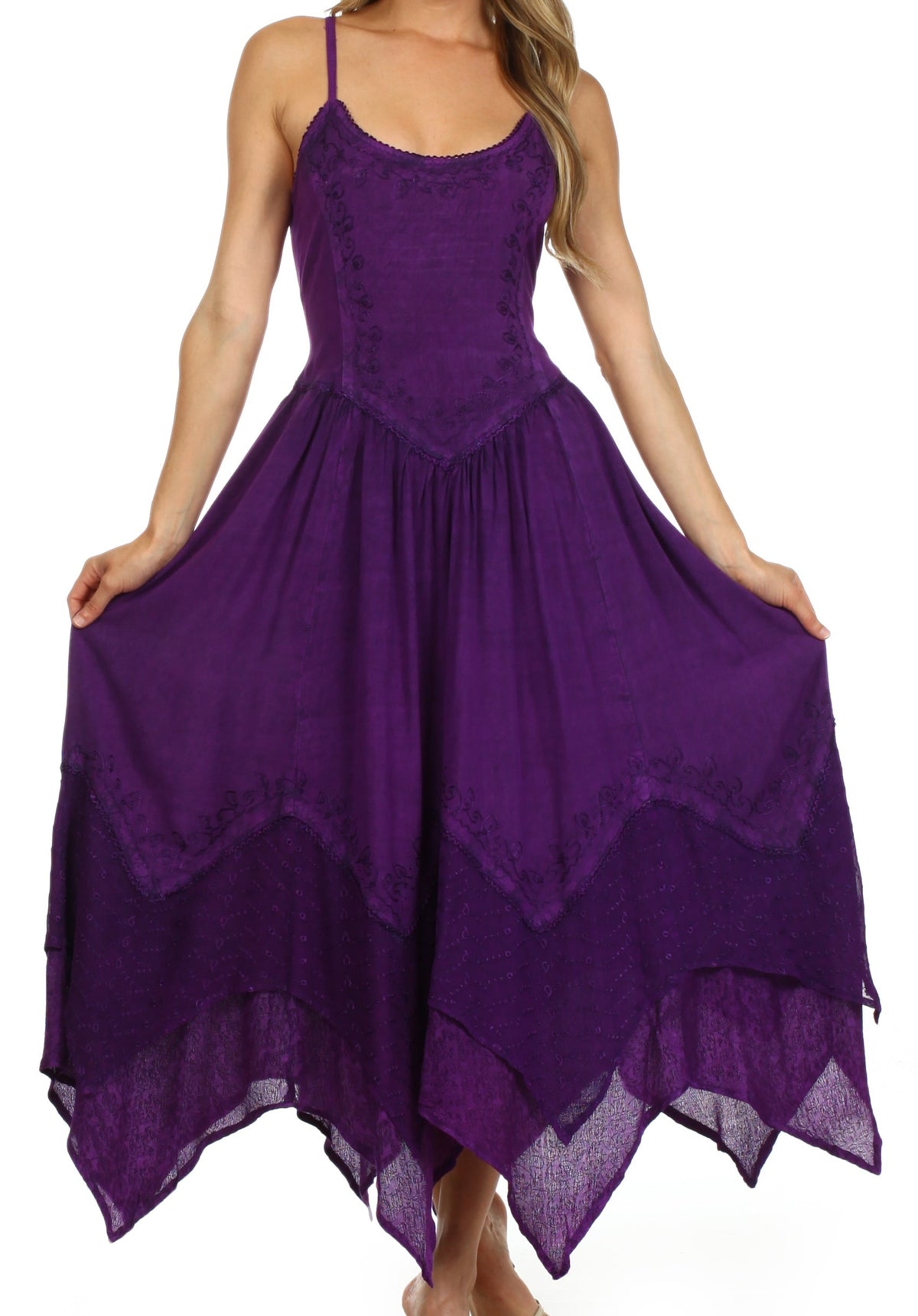 Embroidered Stonewashed Spaghetti Strap Long Dress