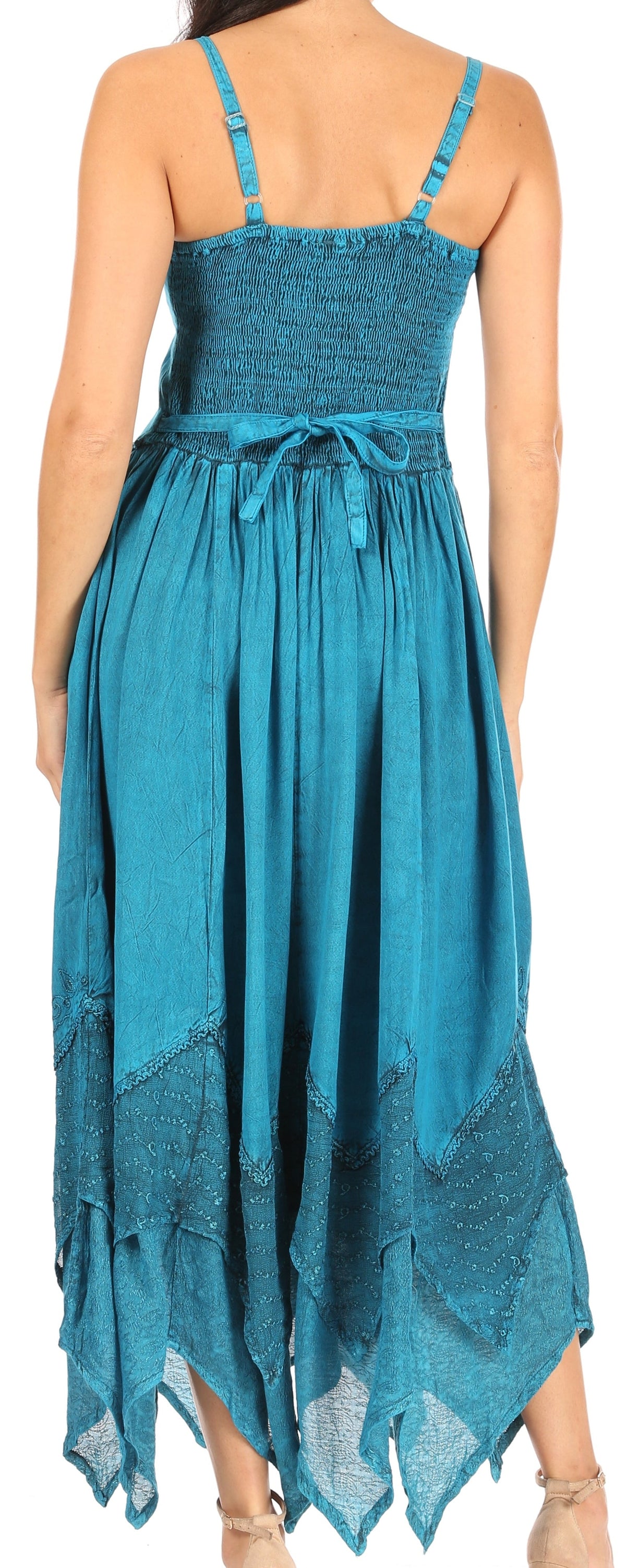 Embroidered Stonewashed Spaghetti Strap Long Dress