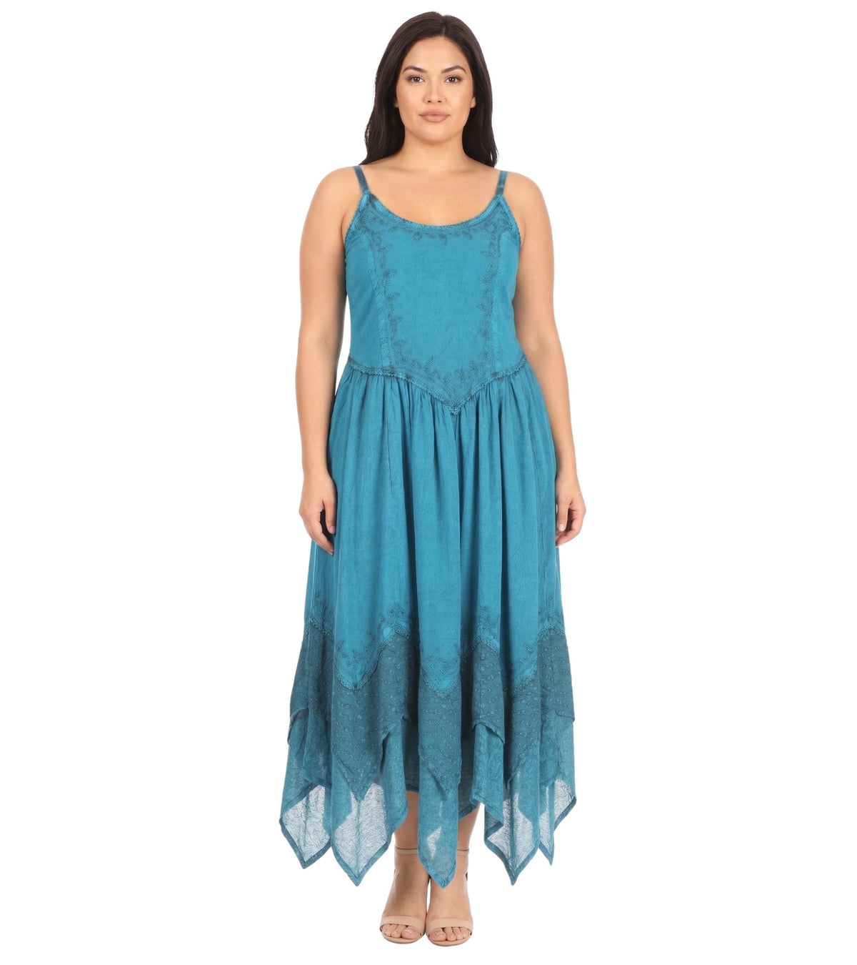 Embroidered Stonewashed Spaghetti Strap Long Dress