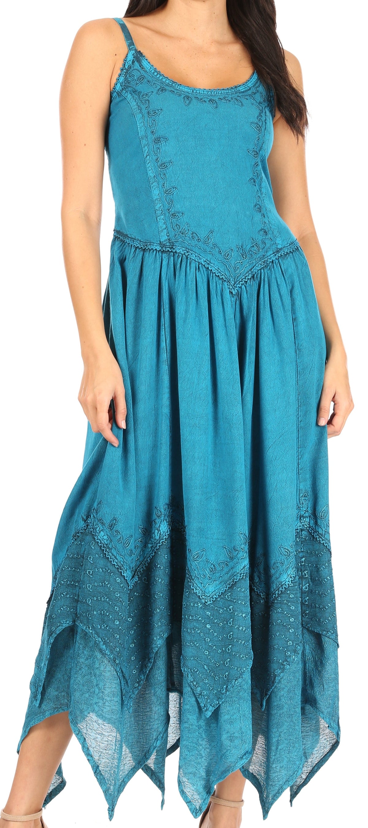 Embroidered Stonewashed Spaghetti Strap Long Dress