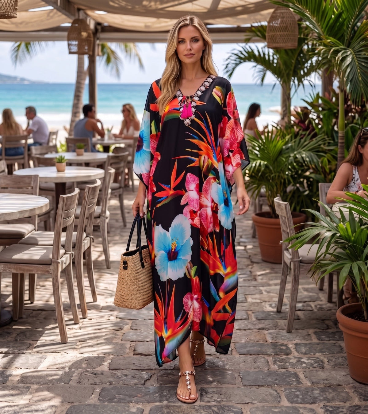Rhinestone V-Neck Caftan Cover-Up