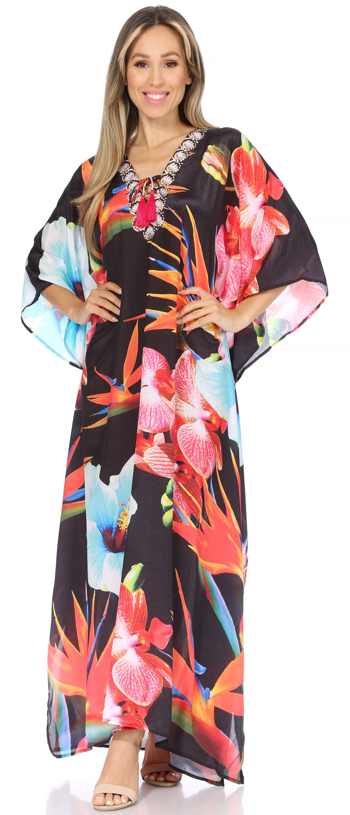 Rhinestone V-Neck Caftan Cover-Up