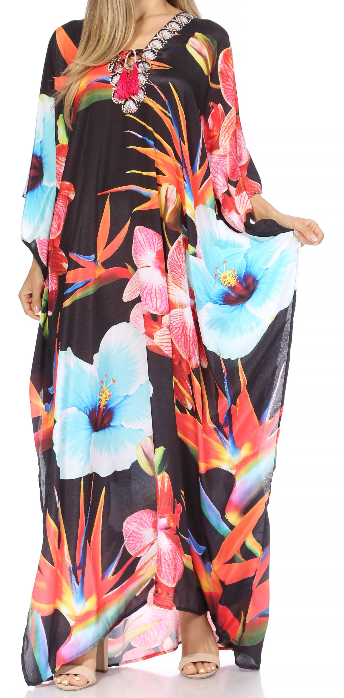 Rhinestone V-Neck Caftan Cover-Up