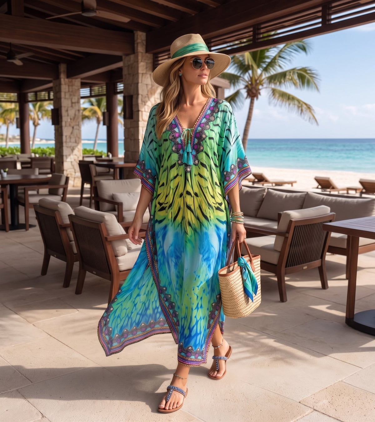 Rhinestone V-Neck Caftan Cover-Up