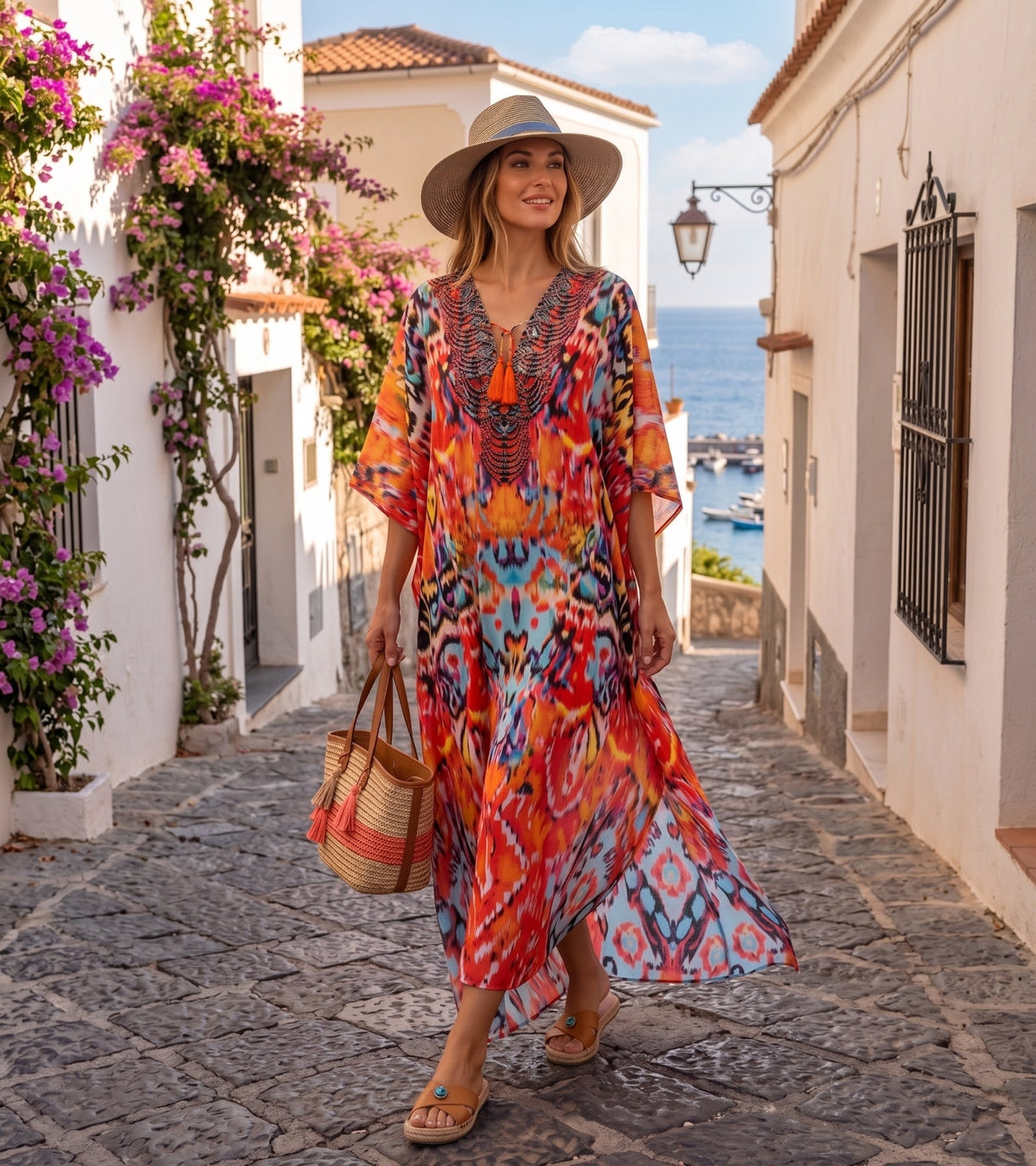 Rhinestone V-Neck Caftan Cover-Up