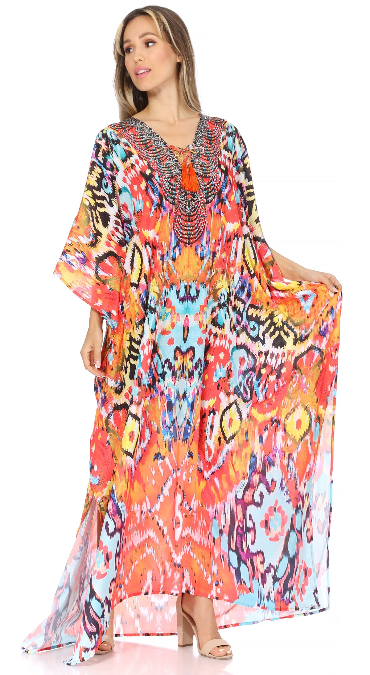 Rhinestone V-Neck Caftan Cover-Up