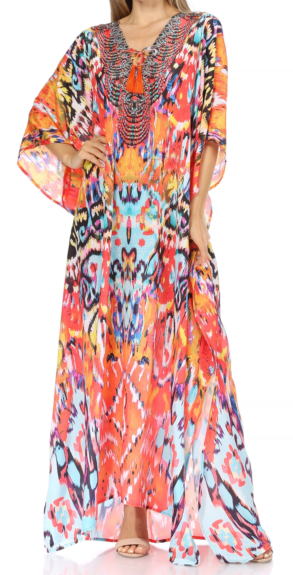 Rhinestone V-Neck Caftan Cover-Up