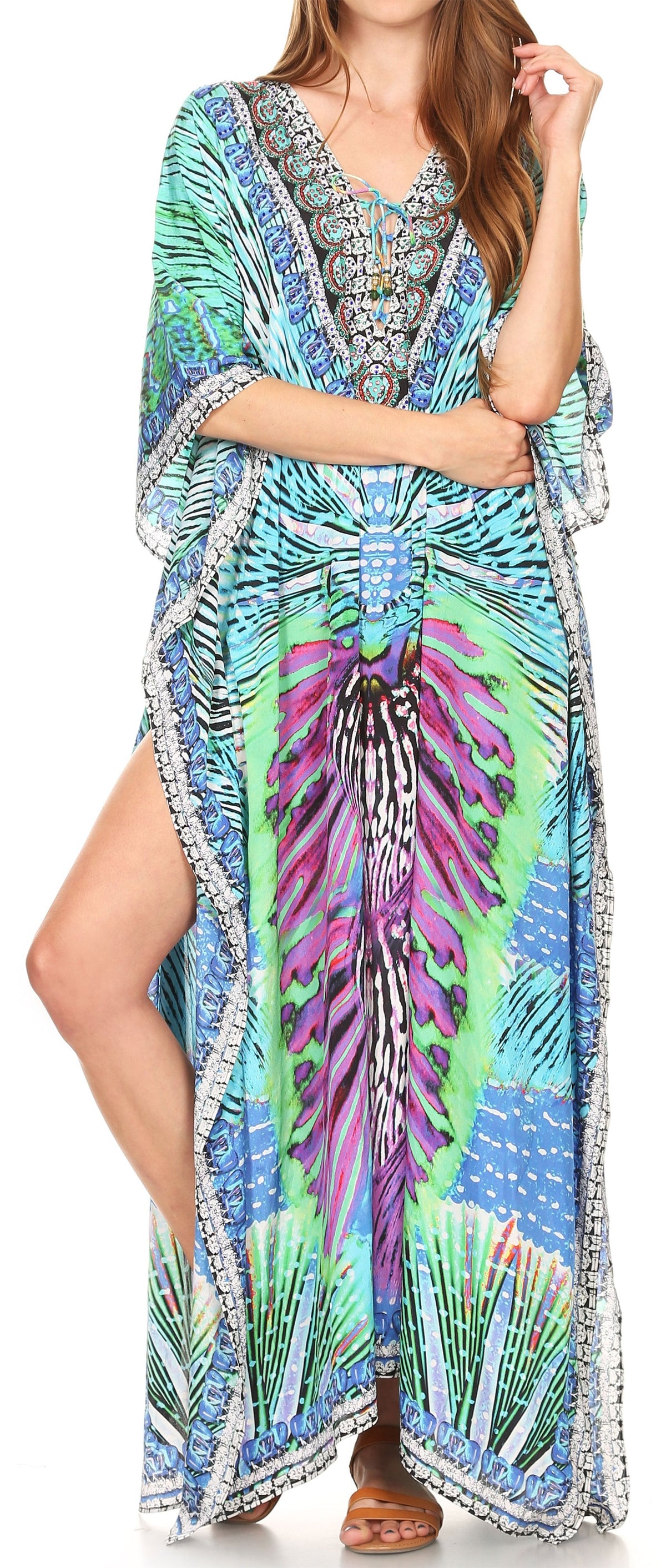 Rhinestone V-Neck Caftan Cover-Up