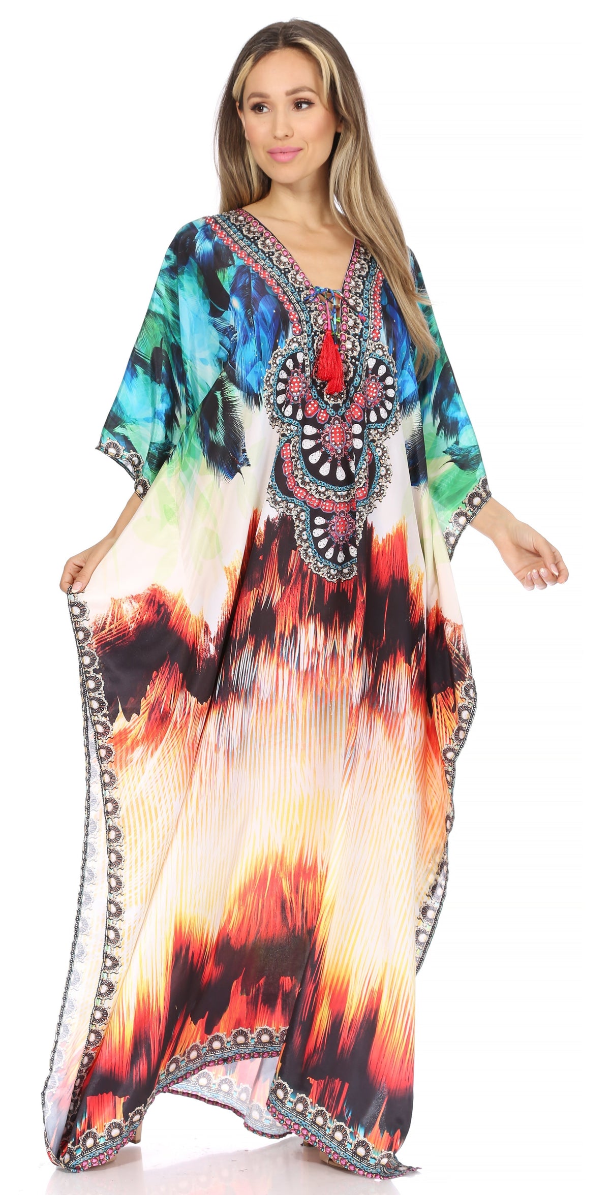 Rhinestone V-Neck Caftan Cover-Up
