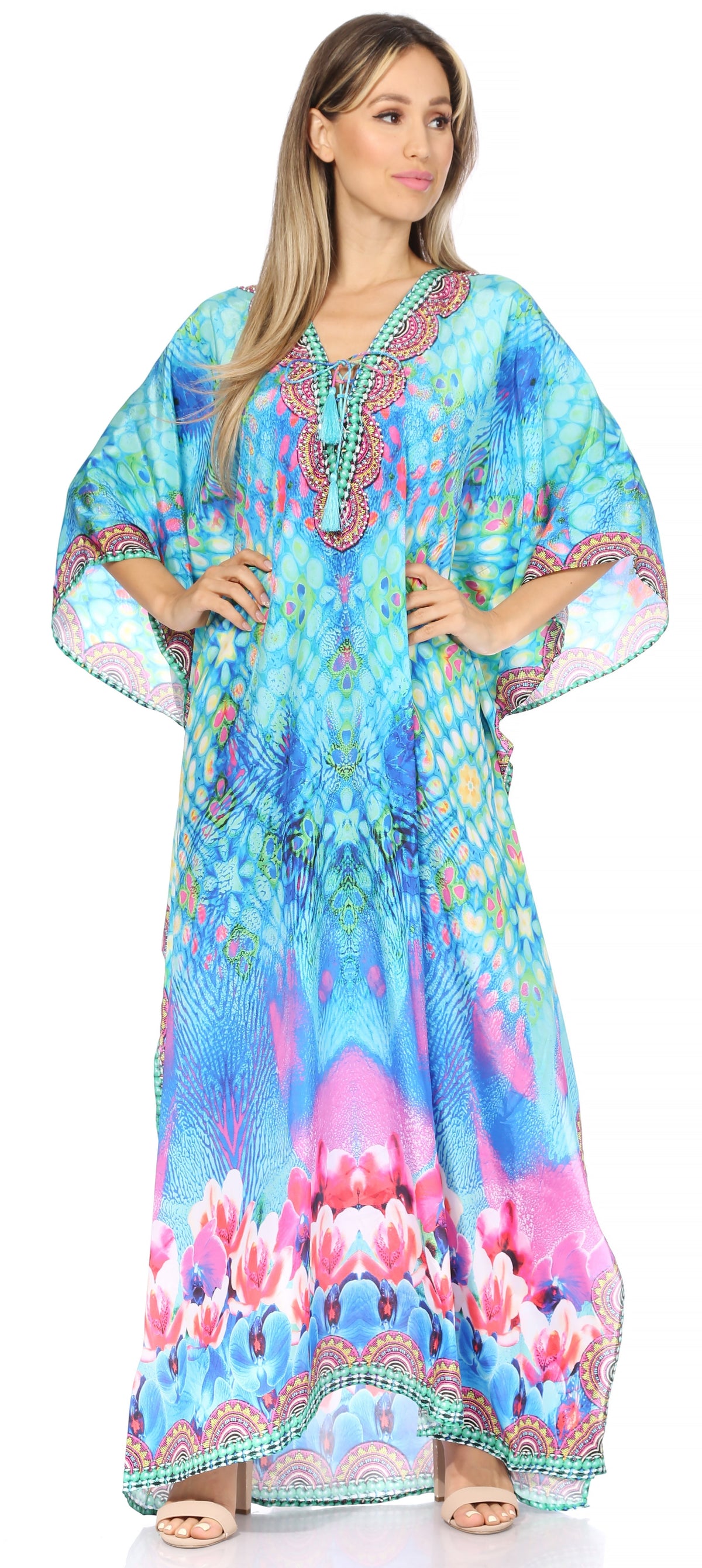Rhinestone V-Neck Caftan Cover-Up