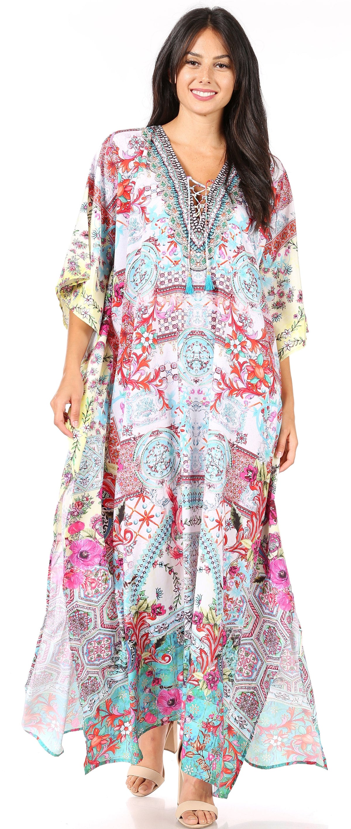Rhinestone V-Neck Caftan Cover-Up