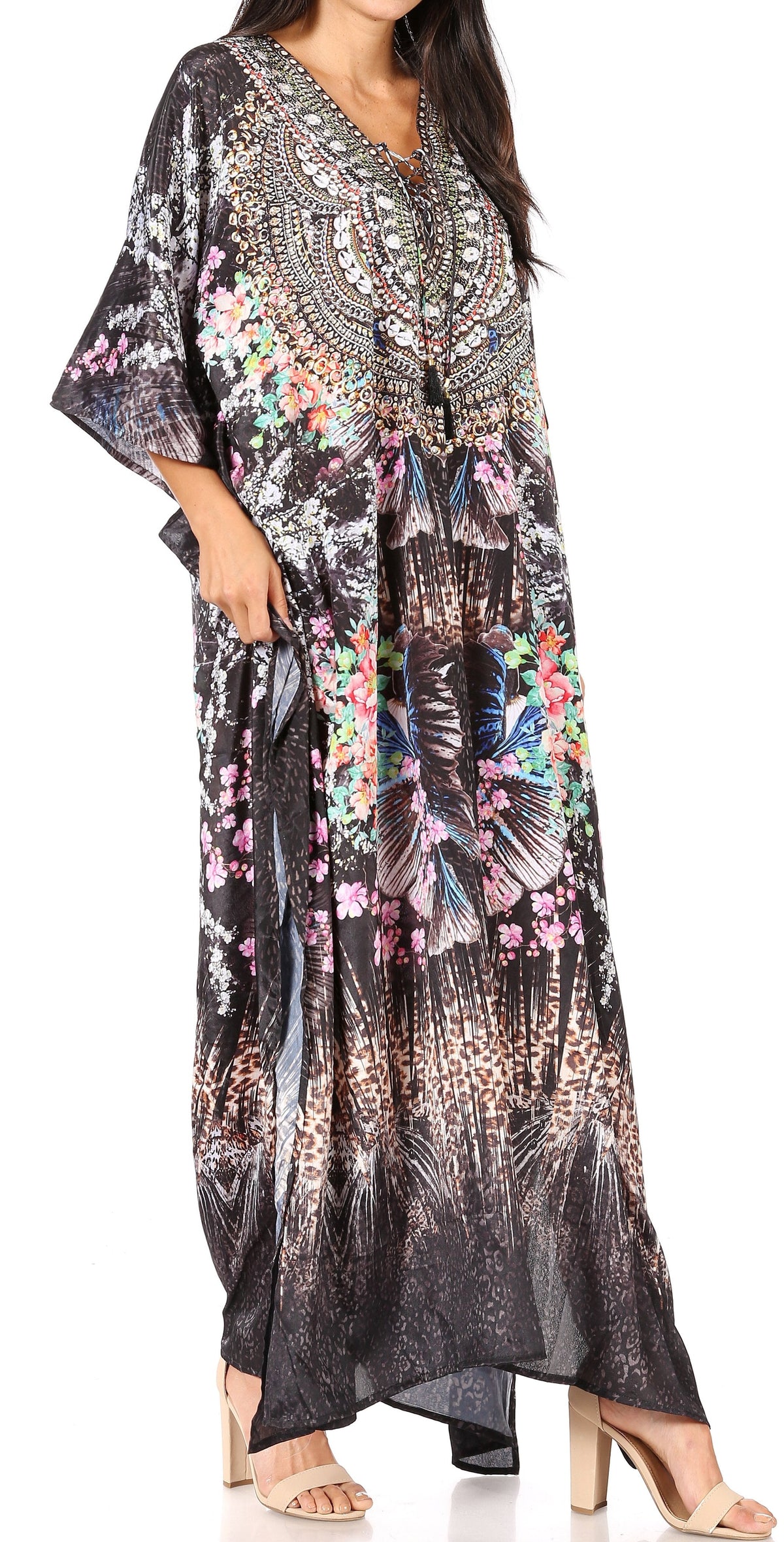 Rhinestone V-Neck Caftan Cover-Up