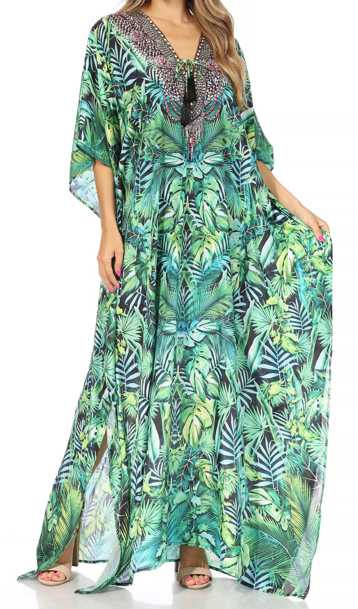 Rhinestone V-Neck Caftan Cover-Up