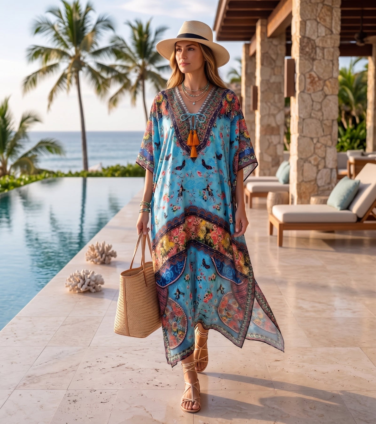 Rhinestone V-Neck Caftan Cover-Up
