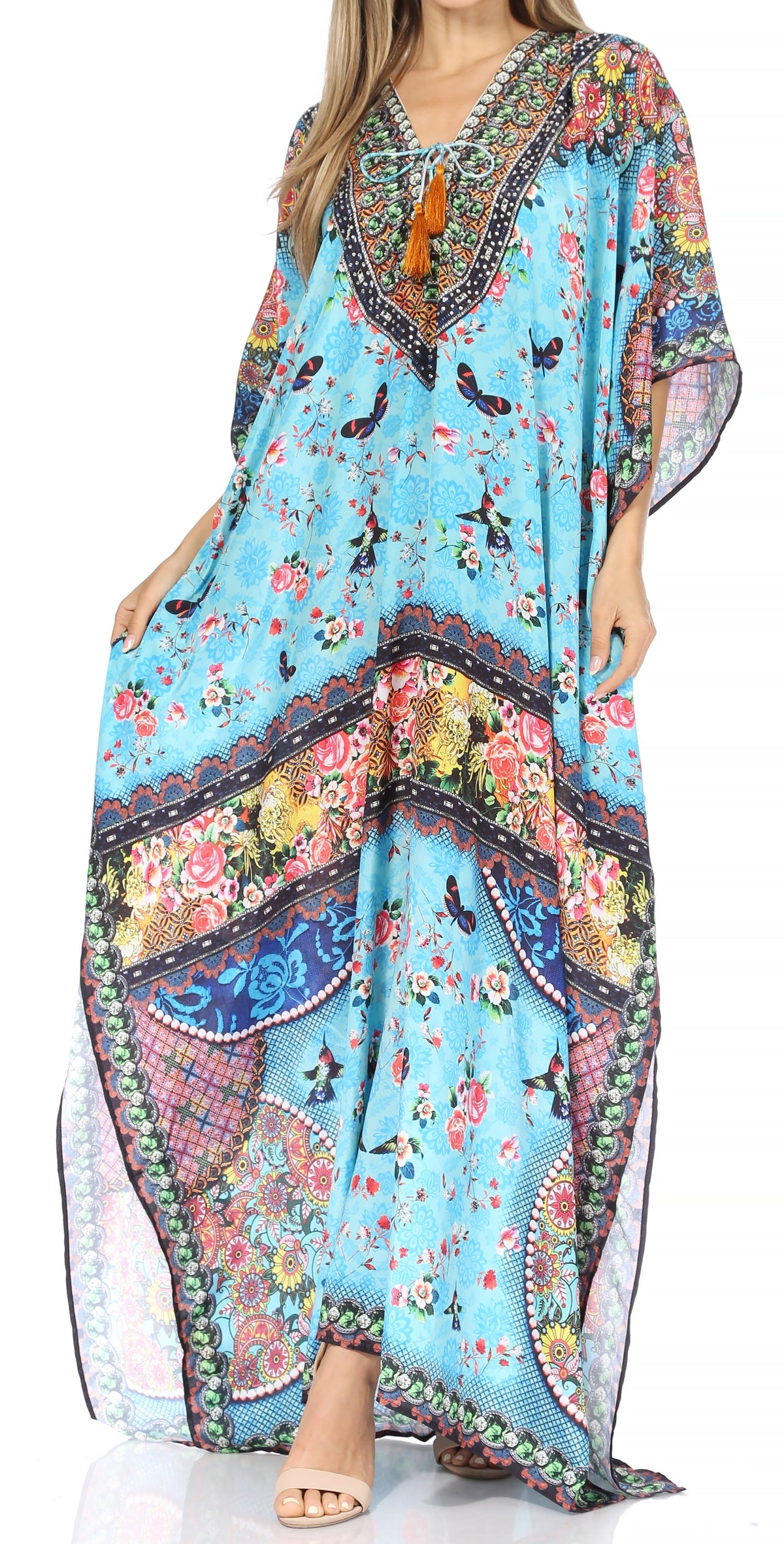Rhinestone V-Neck Caftan Cover-Up
