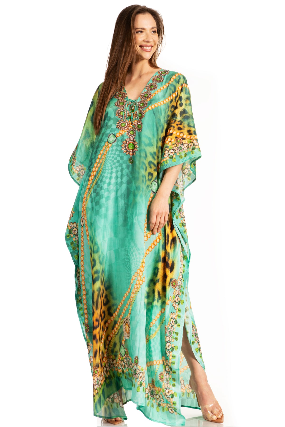 Rhinestone V-Neck Caftan Cover-Up